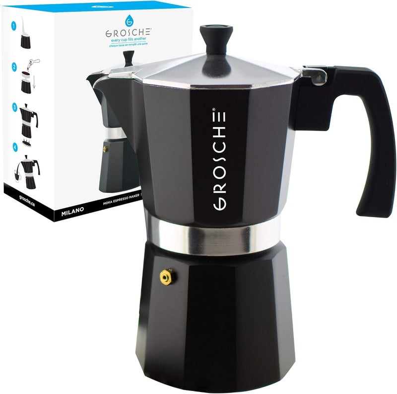 GROSCHE Milano Moka pot, Stovetop Espresso maker, Greca Coffee Maker, Stovetop coffee maker and espresso maker percolator (Black, 12 cup) - Image 1